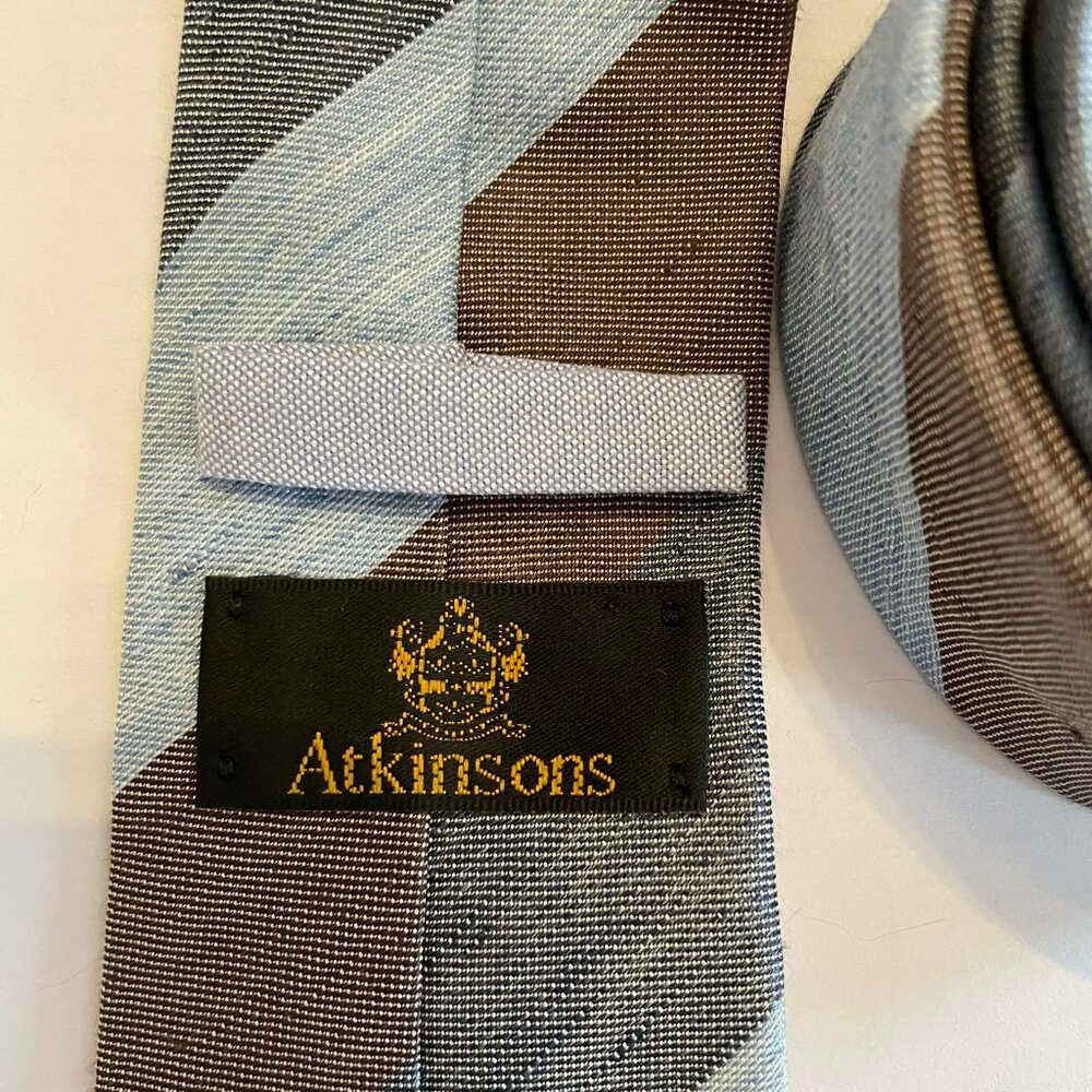 Atkinsons Ireland Silk Linen Tie | Light Blue Tan Gray Striped Designer Necktie